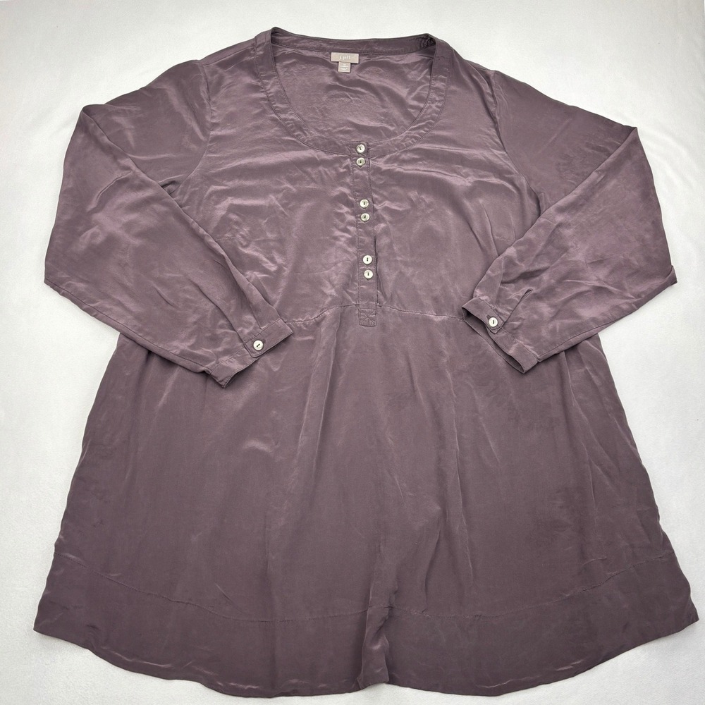 JJill Womens Plus 1X Silk Tunic Blouse Eggplant Purple Button Front Top RN 97641